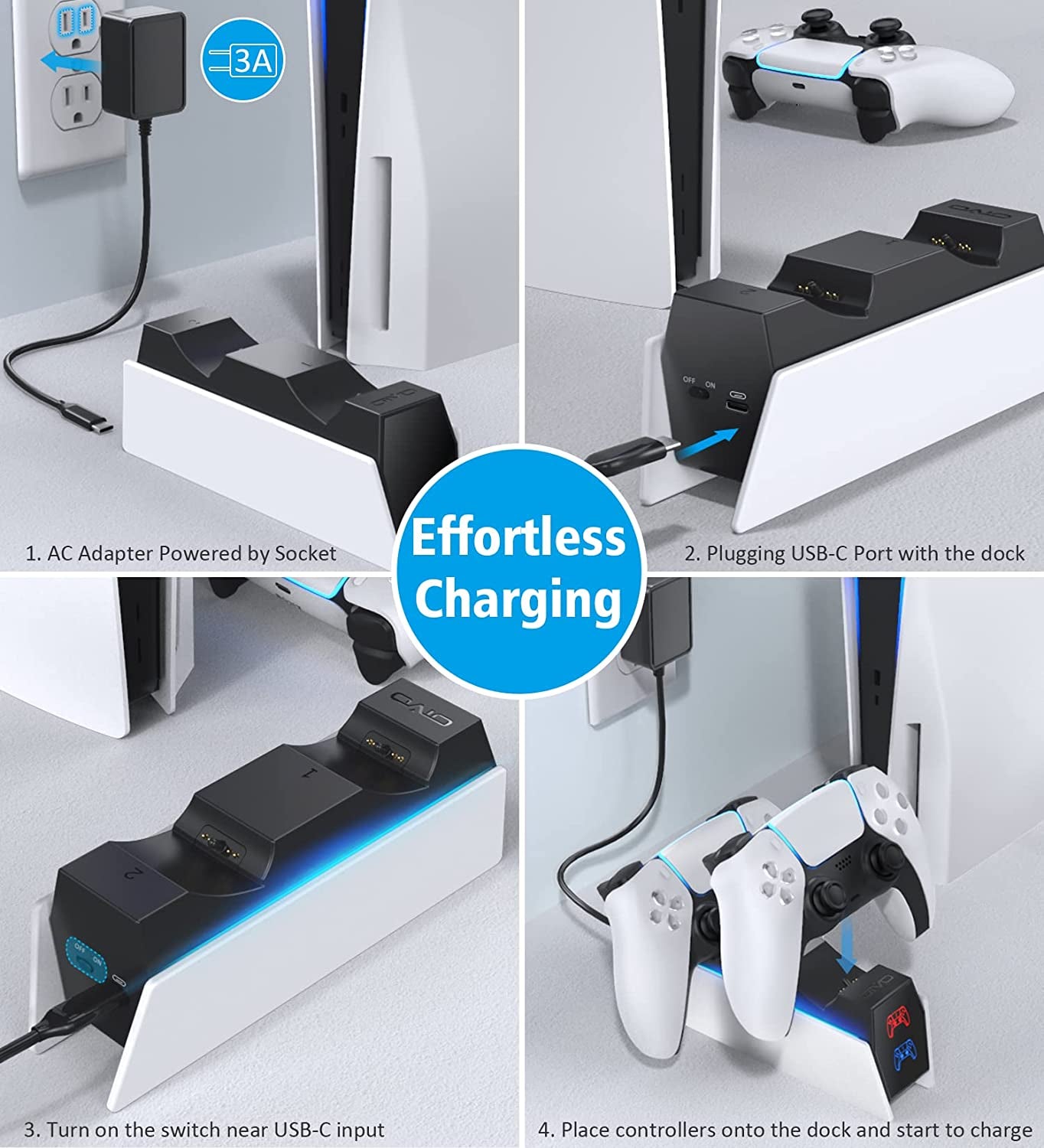 PS5 Controller Charger Station - Fast Controller Charging Stand & AC Adapter 5V/3A Dual