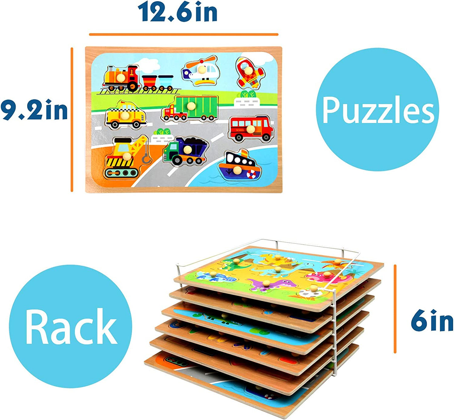 Toddler Puzzles and Rack Set - Educational Wooden Peg Puzzles Bundle with Storage Holder