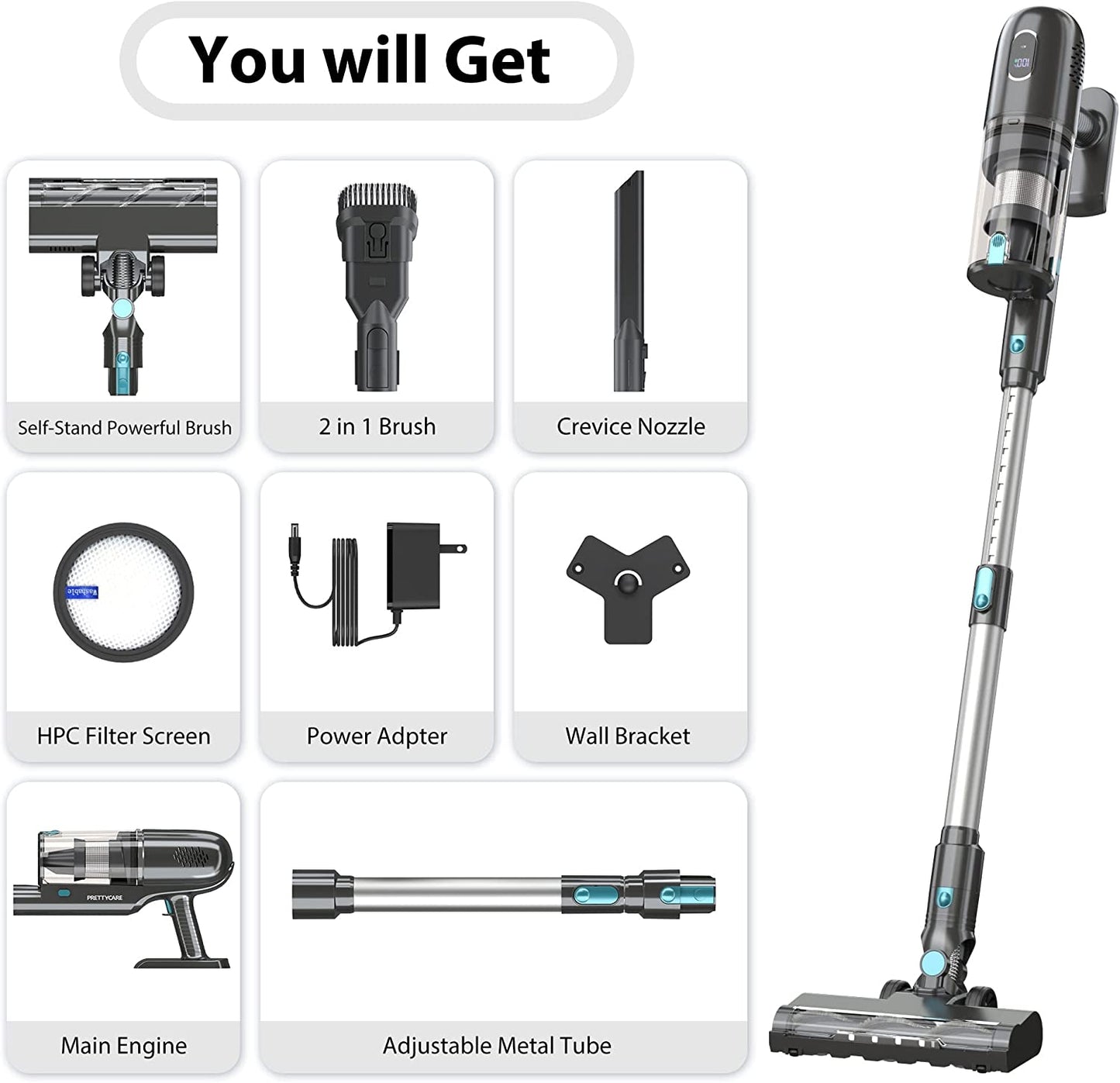 Cordless Vacuum Cleaner - LED Touch Display Vacuum with Brushless Motor