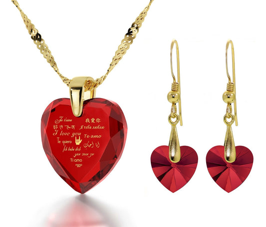 I Love You Necklace 12 Languages and Crystal Earrings Heart