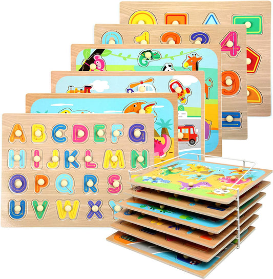 Toddler Puzzles and Rack Set - Educational Wooden Peg Puzzles Bundle with Storage Holder