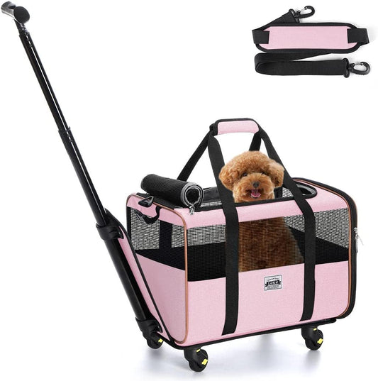 Cat and Dog Carrier with Wheels - Airline Approved Rolling Pet Carrier with Telescopic Handle and Shoulder Strap