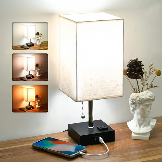 Touch Control Table Lamp - 3-Color Bedside Lamp with 2 USB Ports and 2 AC Outlets Bulb Included