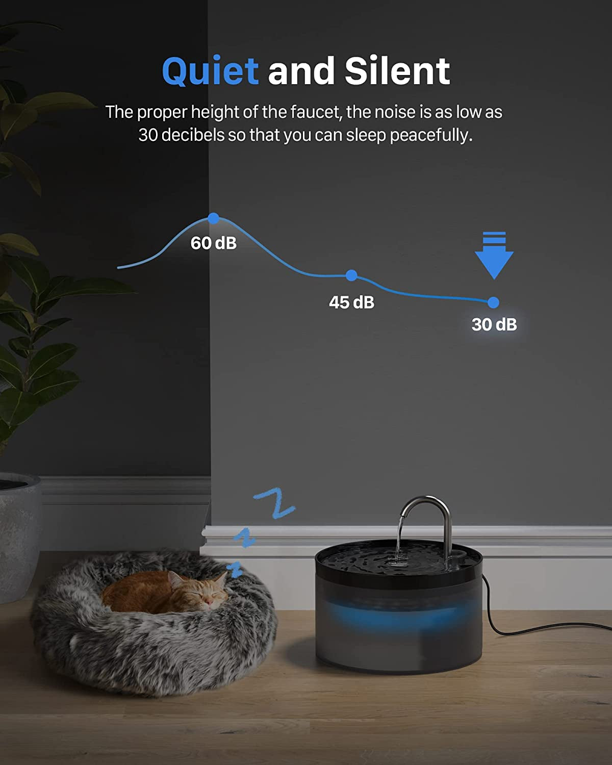 Cat Water Fountain - Pet Silent Water Fountain Built-In Led Light Activated