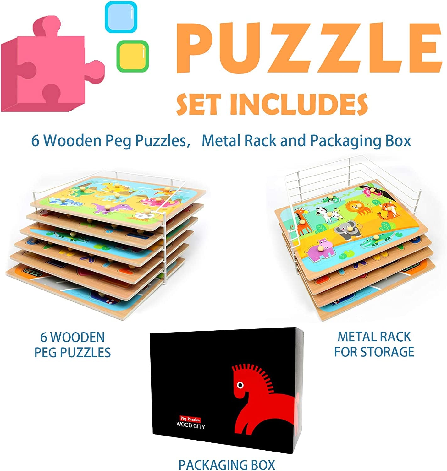 Toddler Puzzles and Rack Set - Educational Wooden Peg Puzzles Bundle with Storage Holder