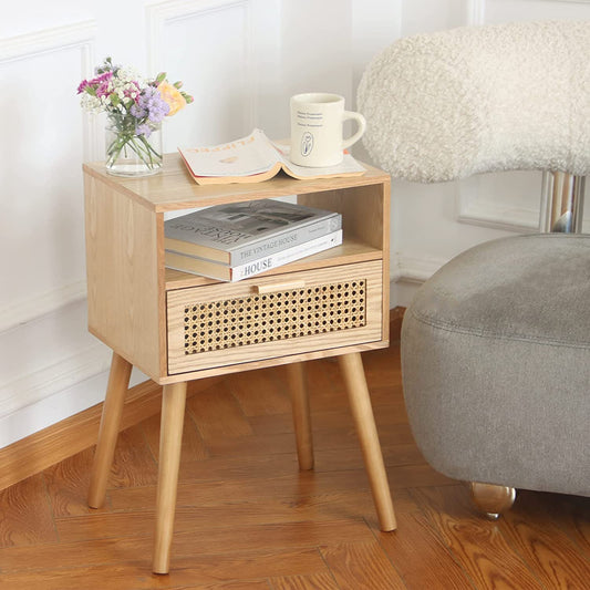 Nightstand - Bedside Table with Storage & Solid Wood Legs