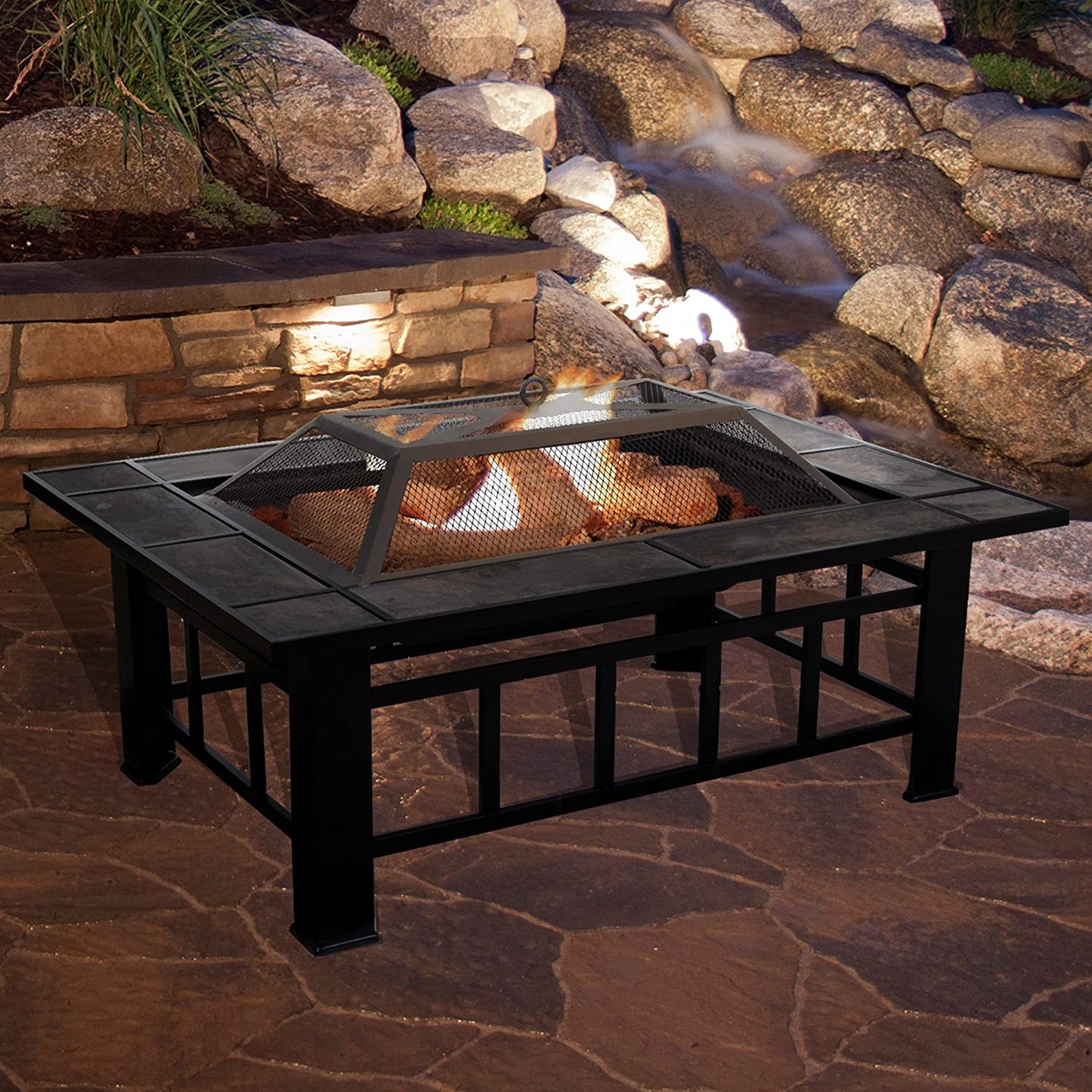 Marble Tile Rectangular Firepit - Fire Pit Set Includes Screen Cover and Log Poker