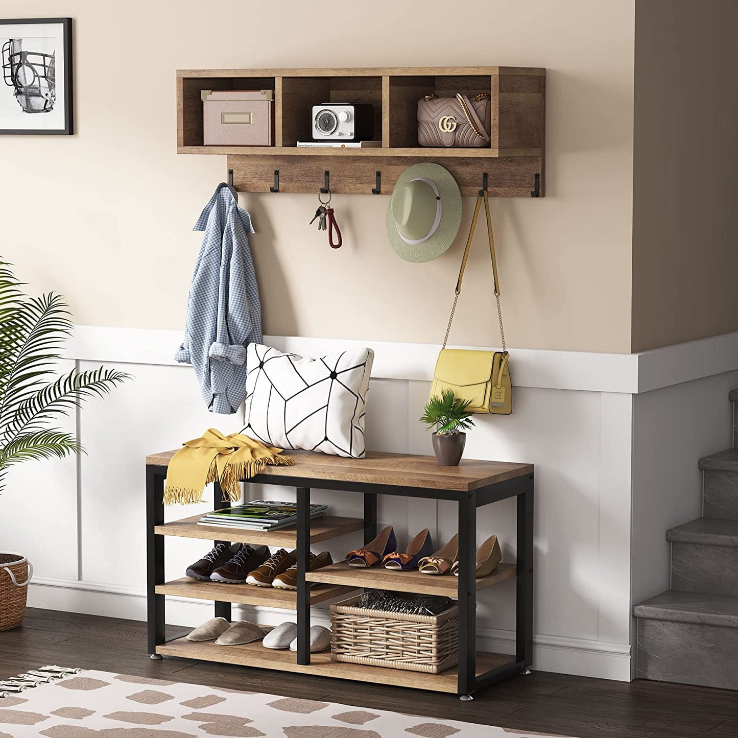 5-In-1 Shoe Rack Bench with Coat Rack and Storage Cubbies