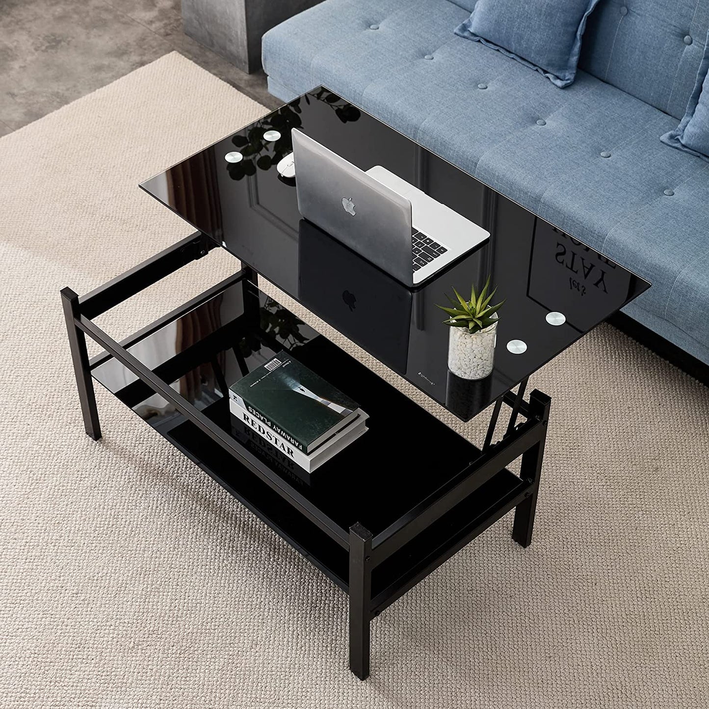 Lift Top Coffee Table - Glass Center Table with Storage Shelf & Metal Frame