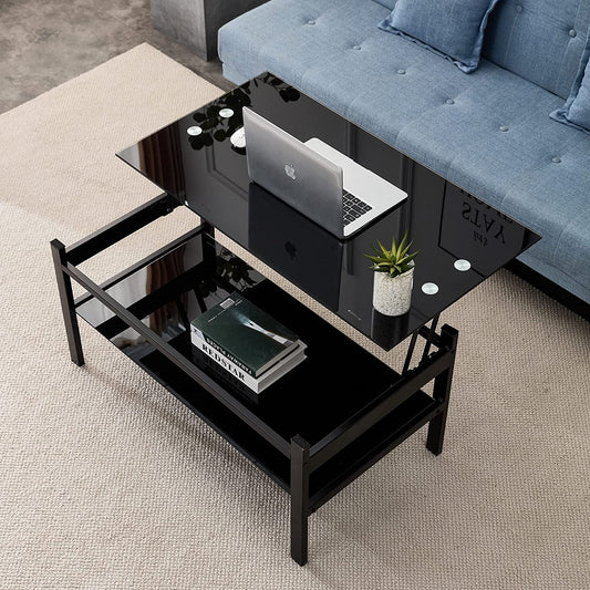 Lift Top Coffee Table - Glass Center Table with Storage Shelf & Metal Frame