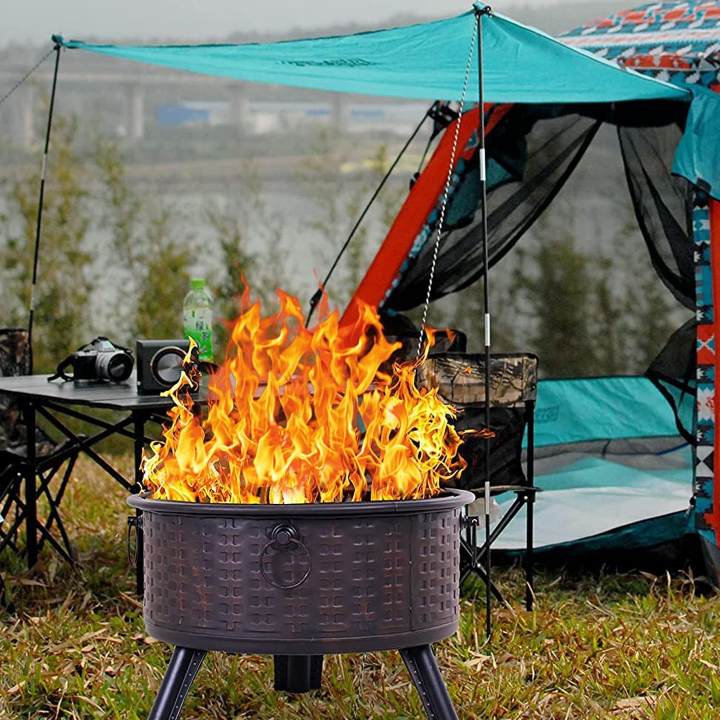 Fire Pits - Outside Round Deep Fire Pit with Spark Screen Cover Safe Mesh Lid and Poker