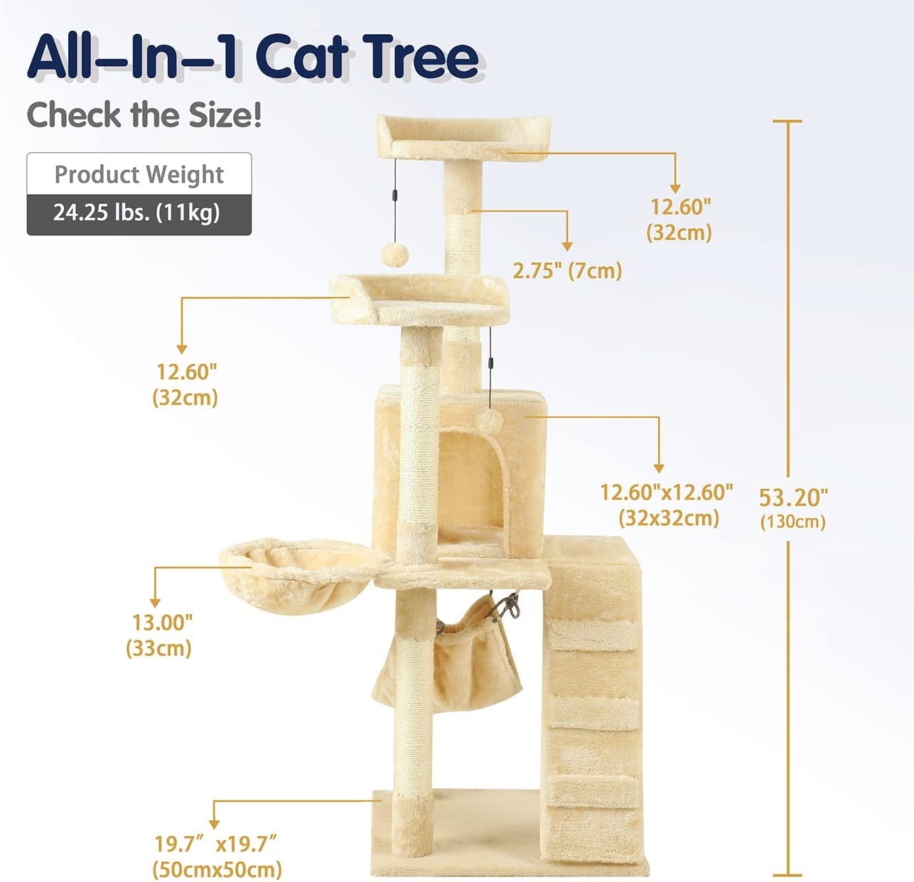 Cat Tree - Tall Cat Tower Scratch Post with Natural Sisal Rope and Hammock & Cradle