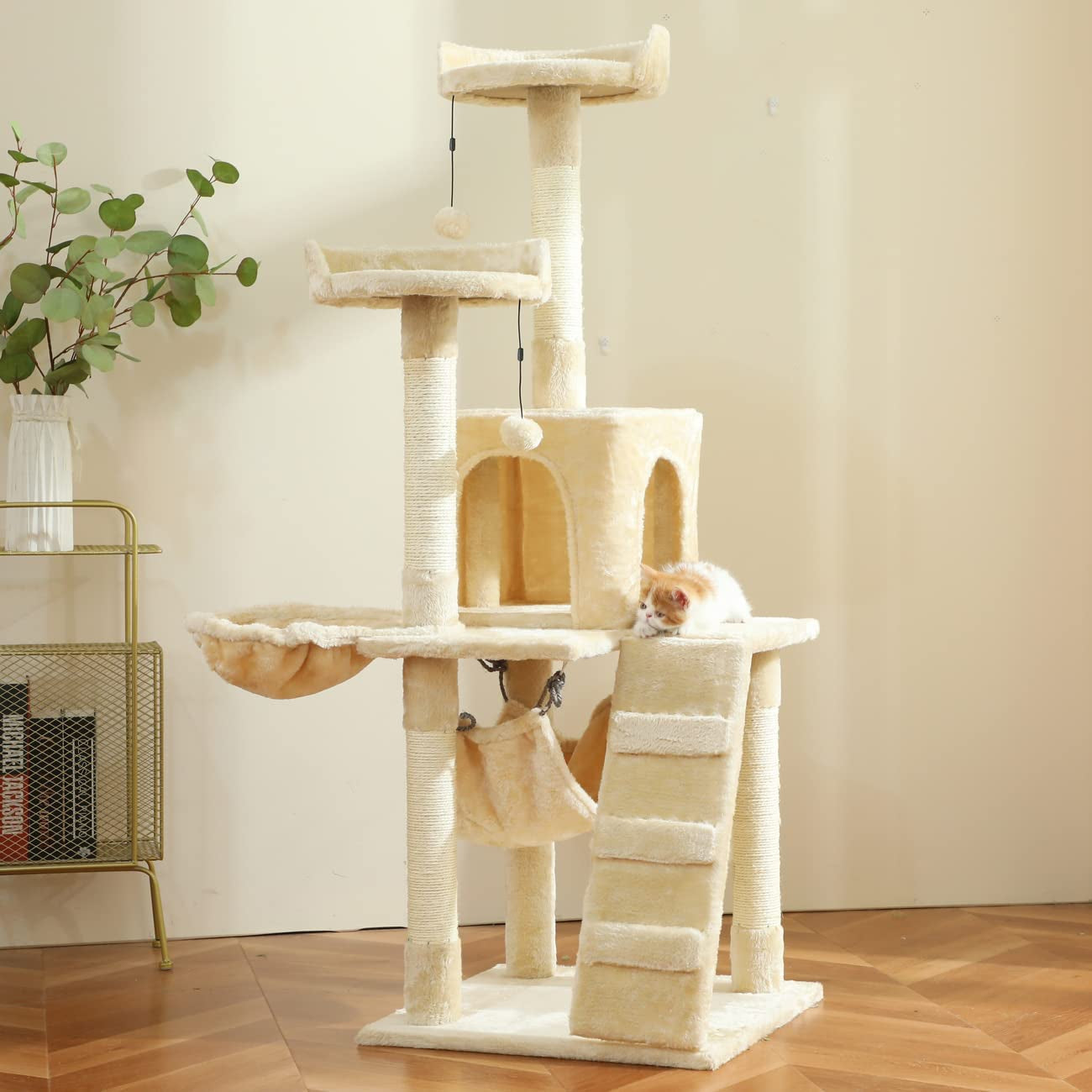 Cat Tree - Tall Cat Tower Scratch Post with Natural Sisal Rope and Hammock & Cradle