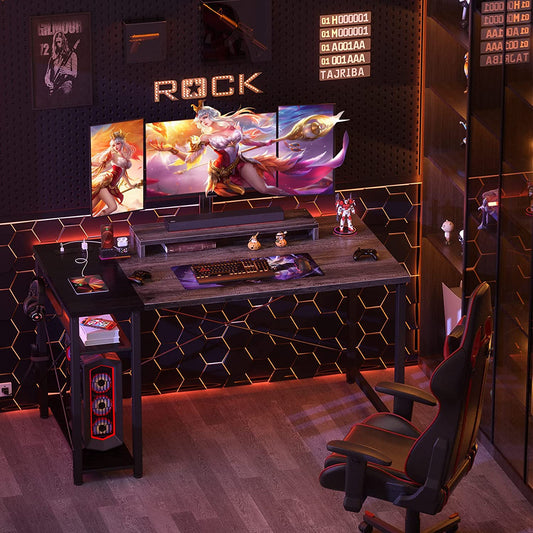 Gaming Desk with Power Outlet and USB - 40 Inch Reversible Laptop Table