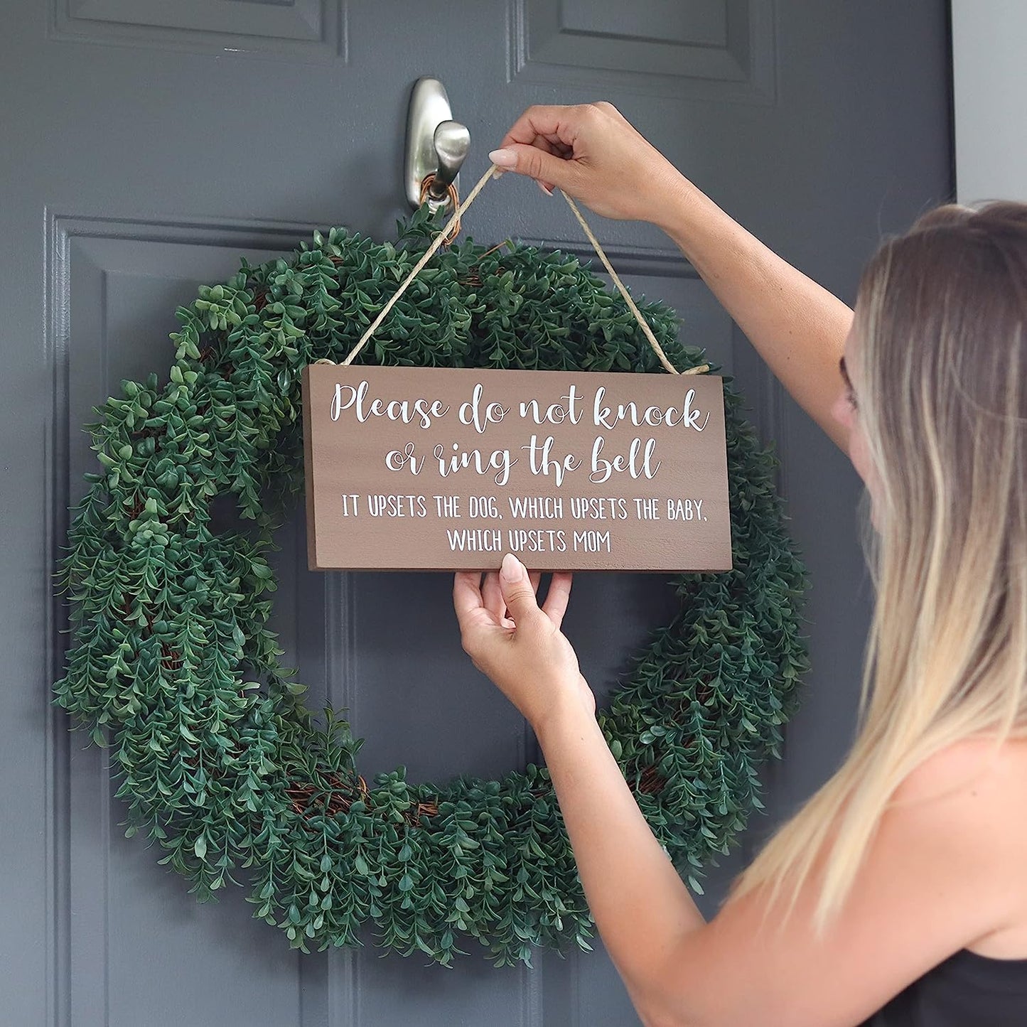 Baby Sleeping Sign for Front Door - Funny Hanging Wood Plaque