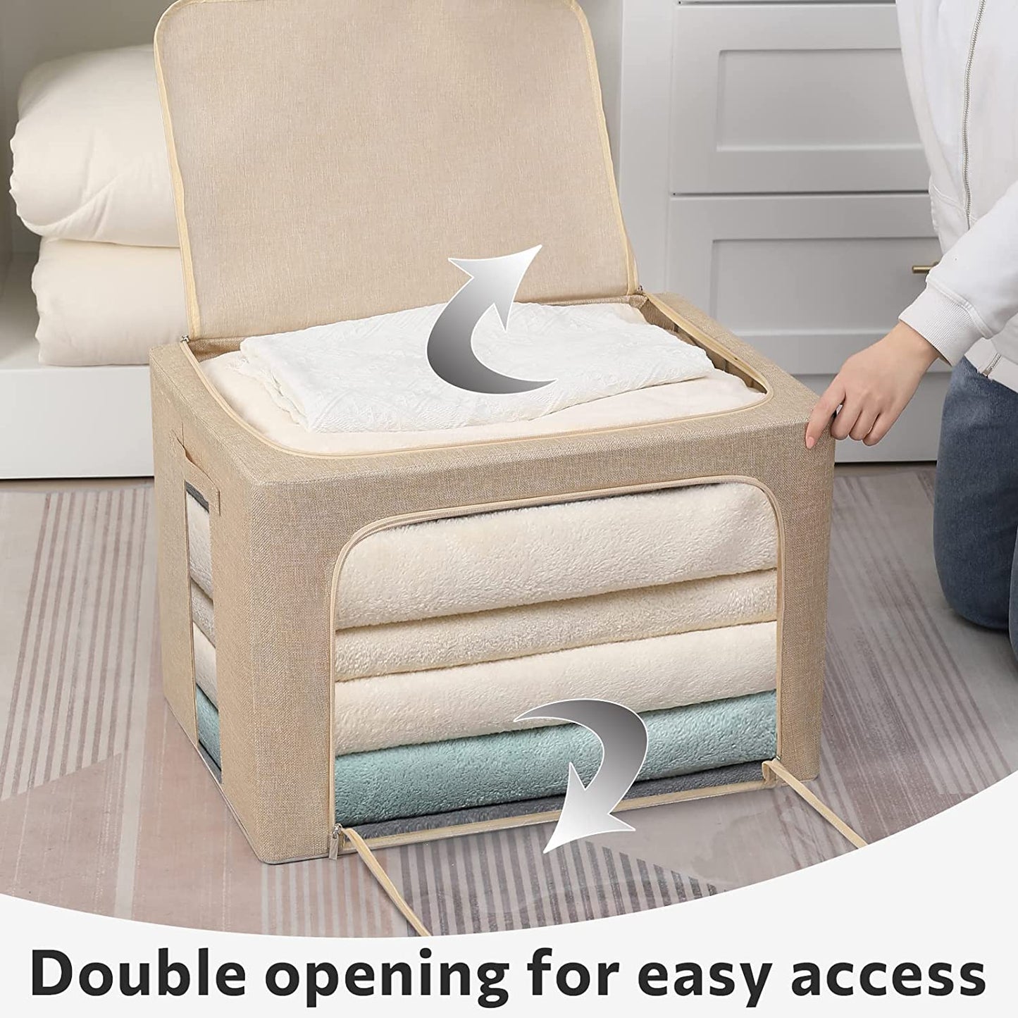Clothes Storage Box - Stackable Storage Box Foldable Linen Fabric Box Organizer 2 Pack