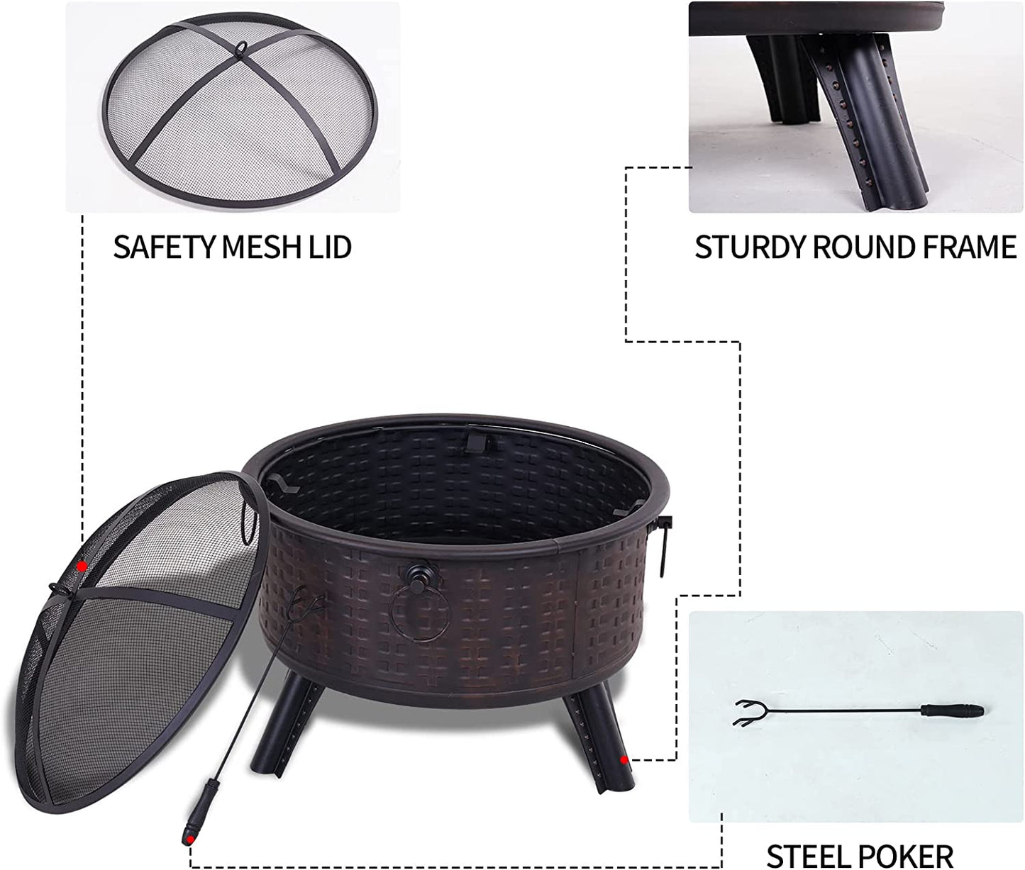 Fire Pits - Outside Round Deep Fire Pit with Spark Screen Cover Safe Mesh Lid and Poker