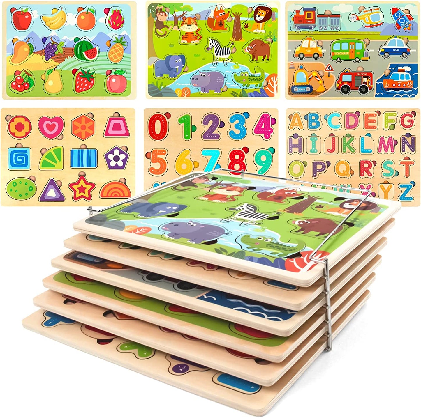 Toddler Puzzles and Rack Set - Educational Wooden Peg Puzzles Bundle with Storage Holder