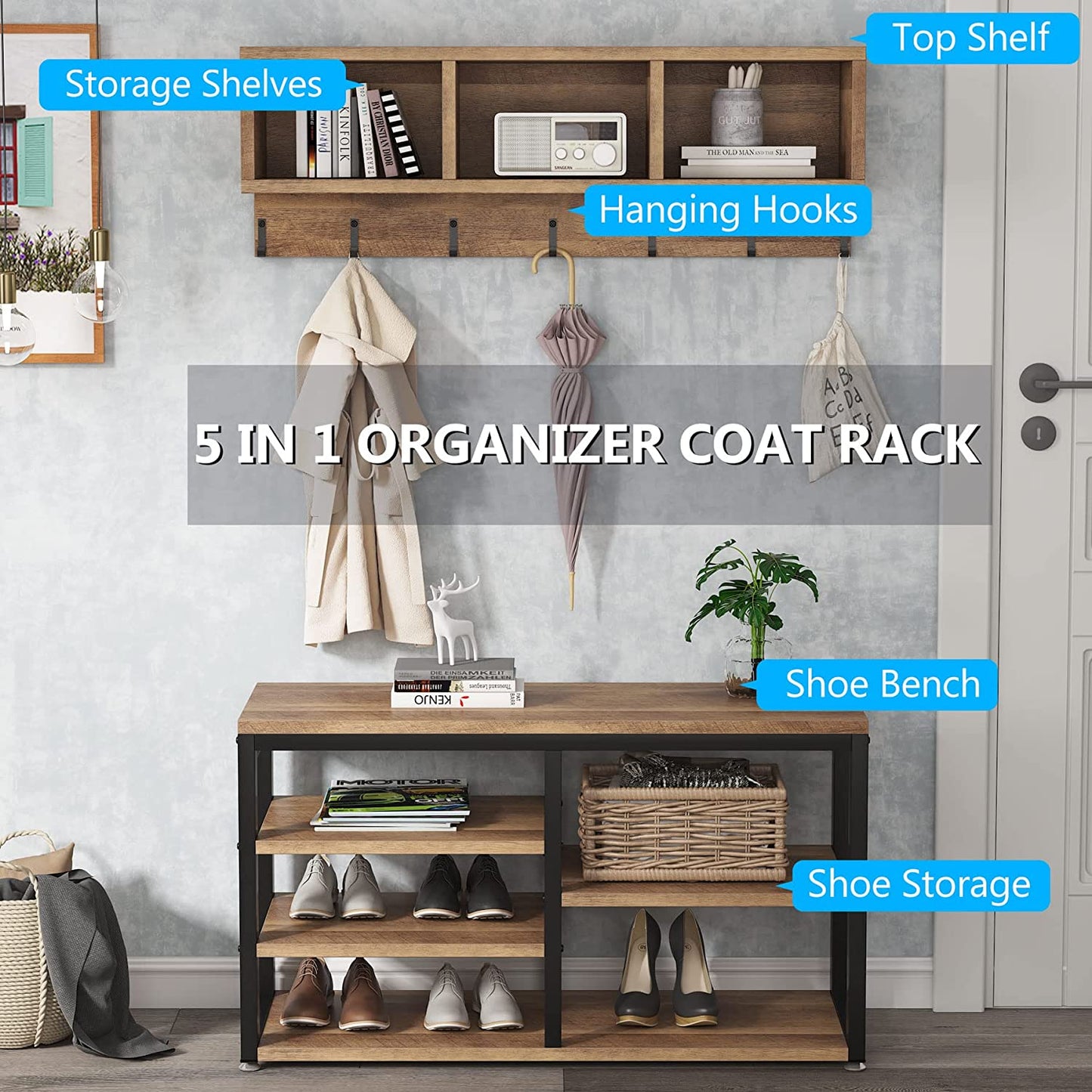 5-In-1 Shoe Rack Bench with Coat Rack and Storage Cubbies
