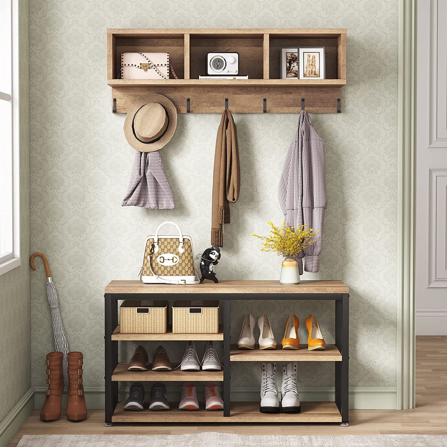 5-In-1 Shoe Rack Bench with Coat Rack and Storage Cubbies