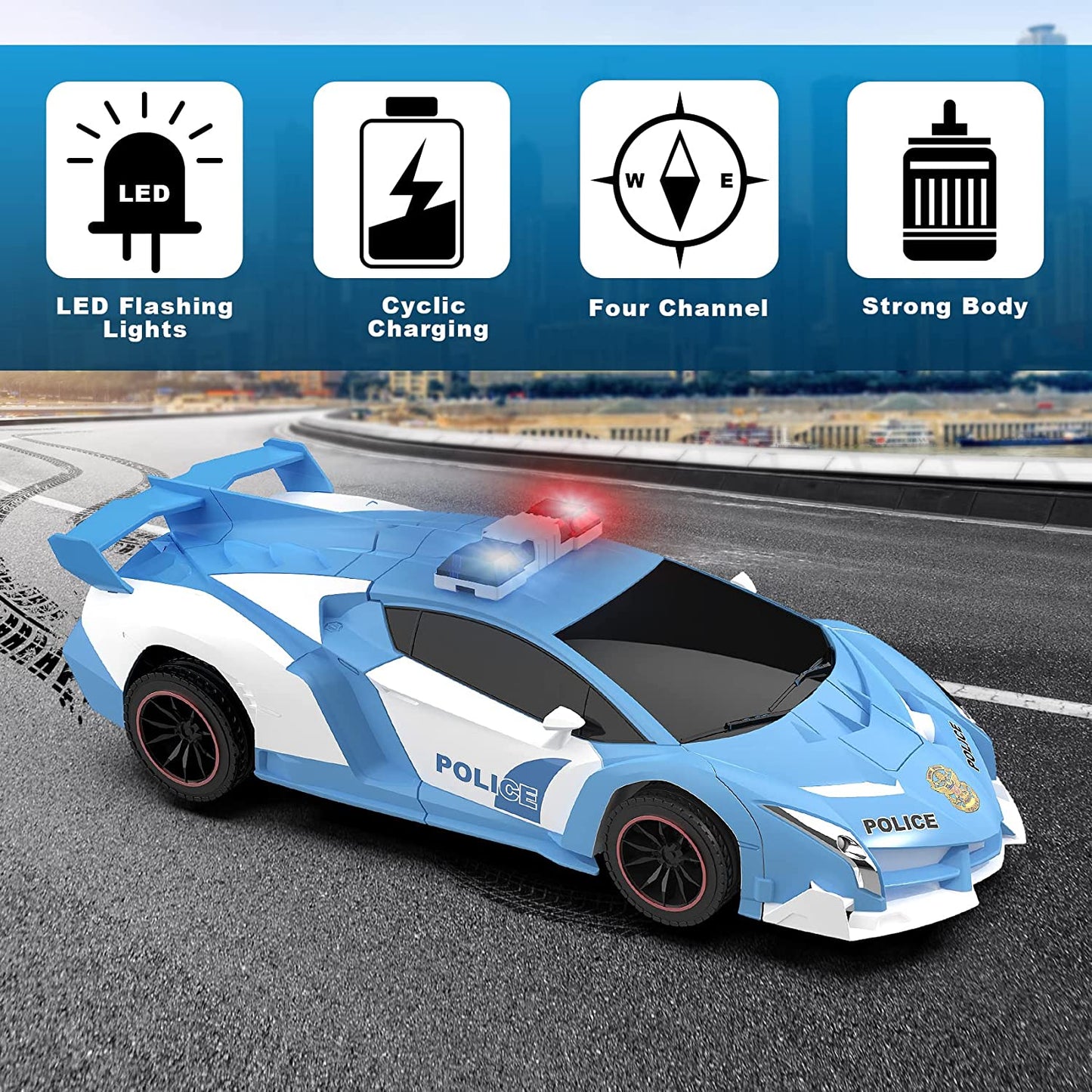 RC Cars - Police Transformer Remote Control Car with Flashing Light