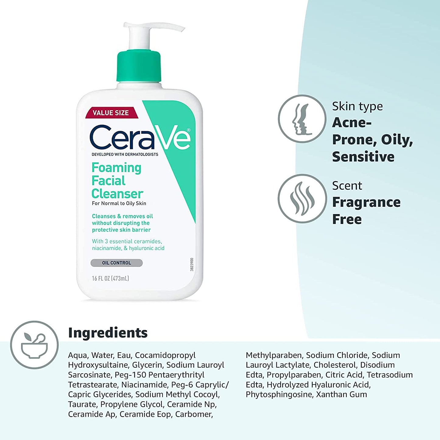 Cerave - Foaming Facial Cleanser Daily Face Wash for Oily Skin with Hyaluronic Acid Ceramides and Niacinamide