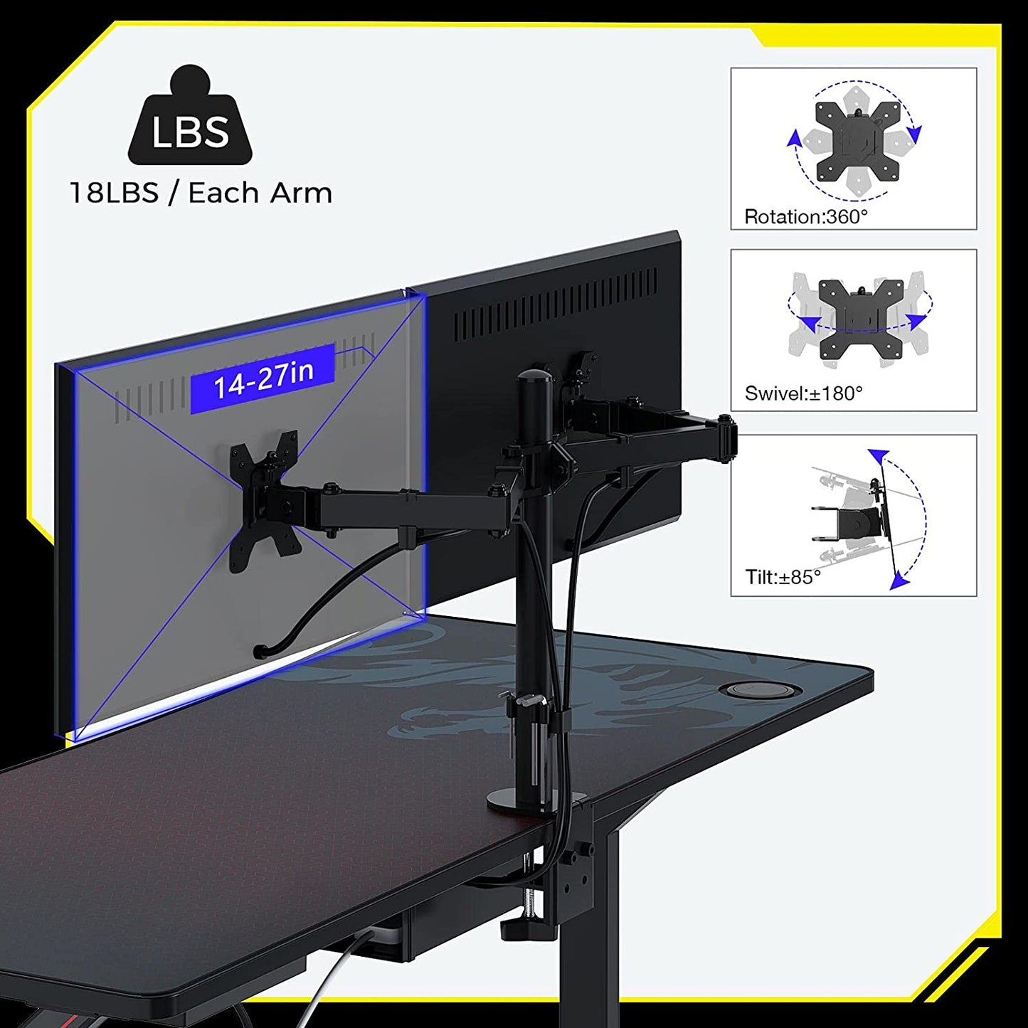 Gaming Desk - 47INCH Gaming Desk with Dual Monitor Mount Carbon Fiber Surface with Outlet Organizer