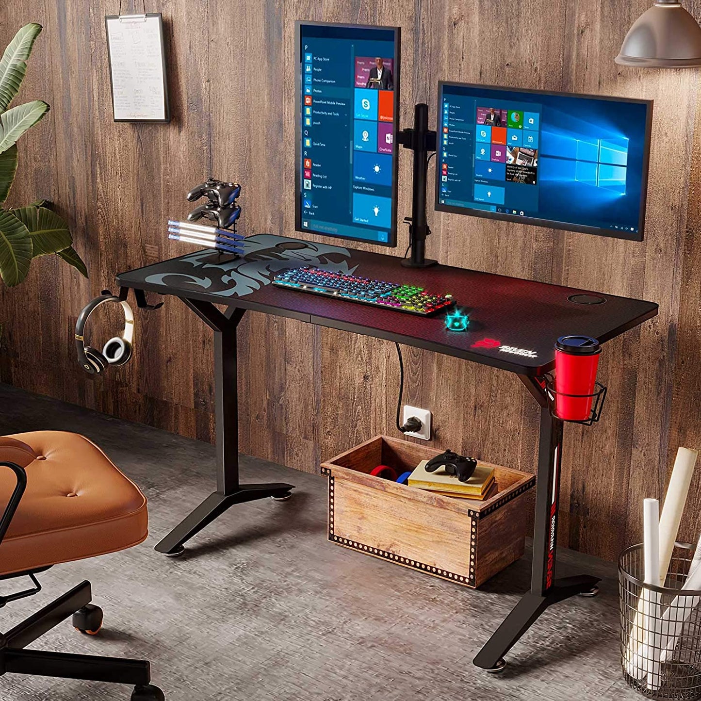 Gaming Desk - 47INCH Gaming Desk with Dual Monitor Mount Carbon Fiber Surface with Outlet Organizer