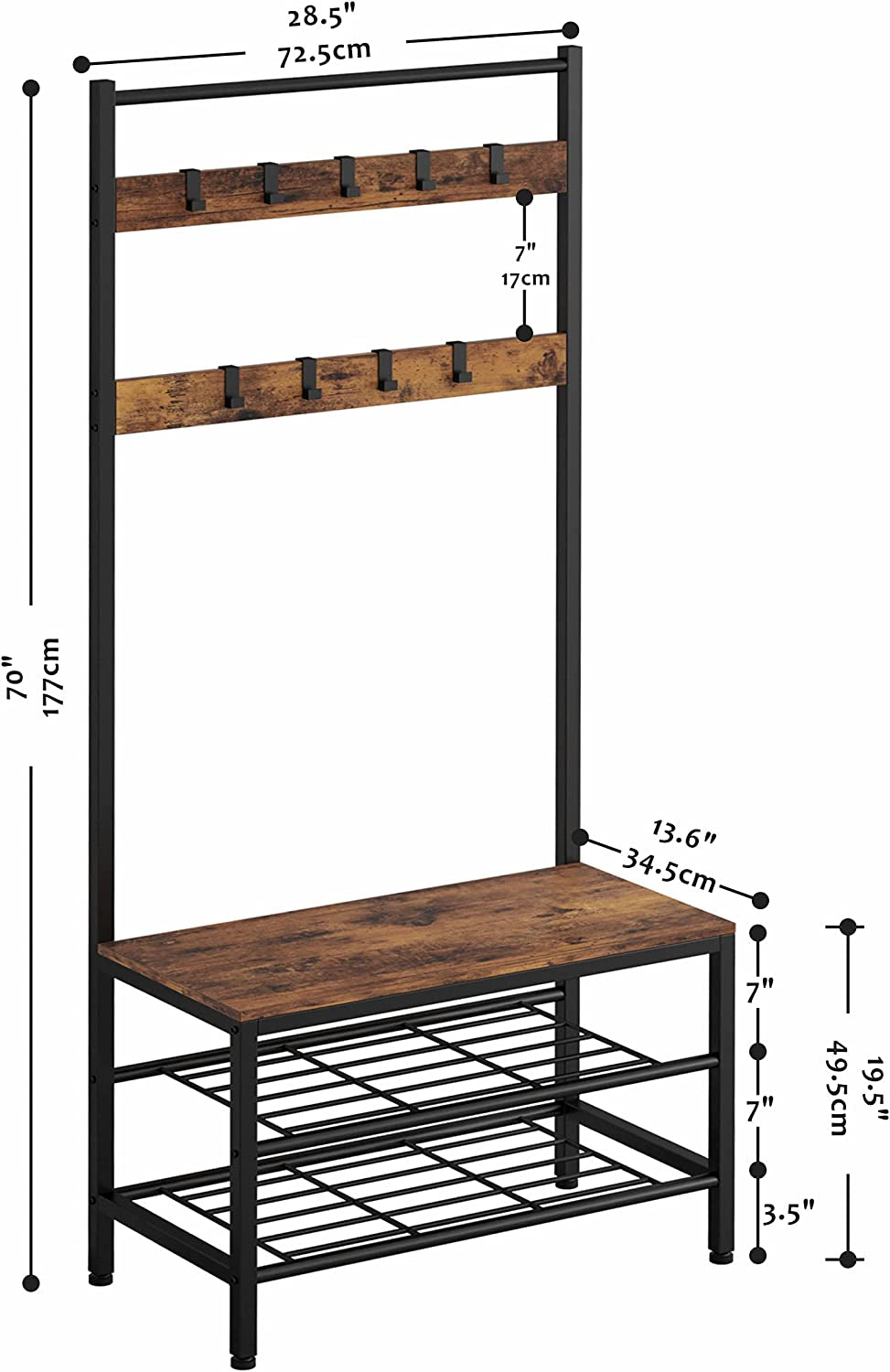 3 In 1 Coat Rack Hall Tree with Shoe Rack Bench for Entryway