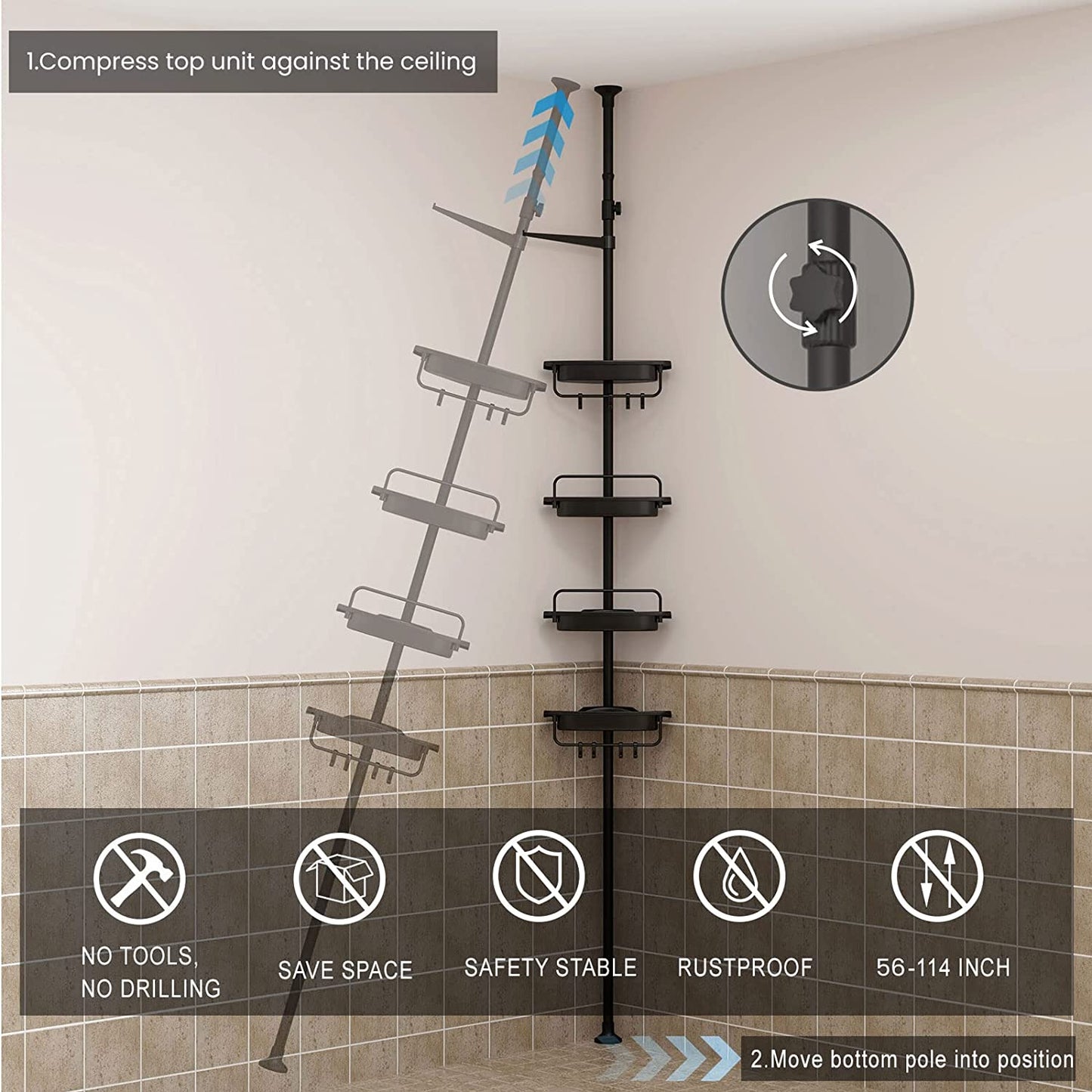 Bathroom Corner Caddy - Bathtub Storage Organizer for Shampoo Accessories