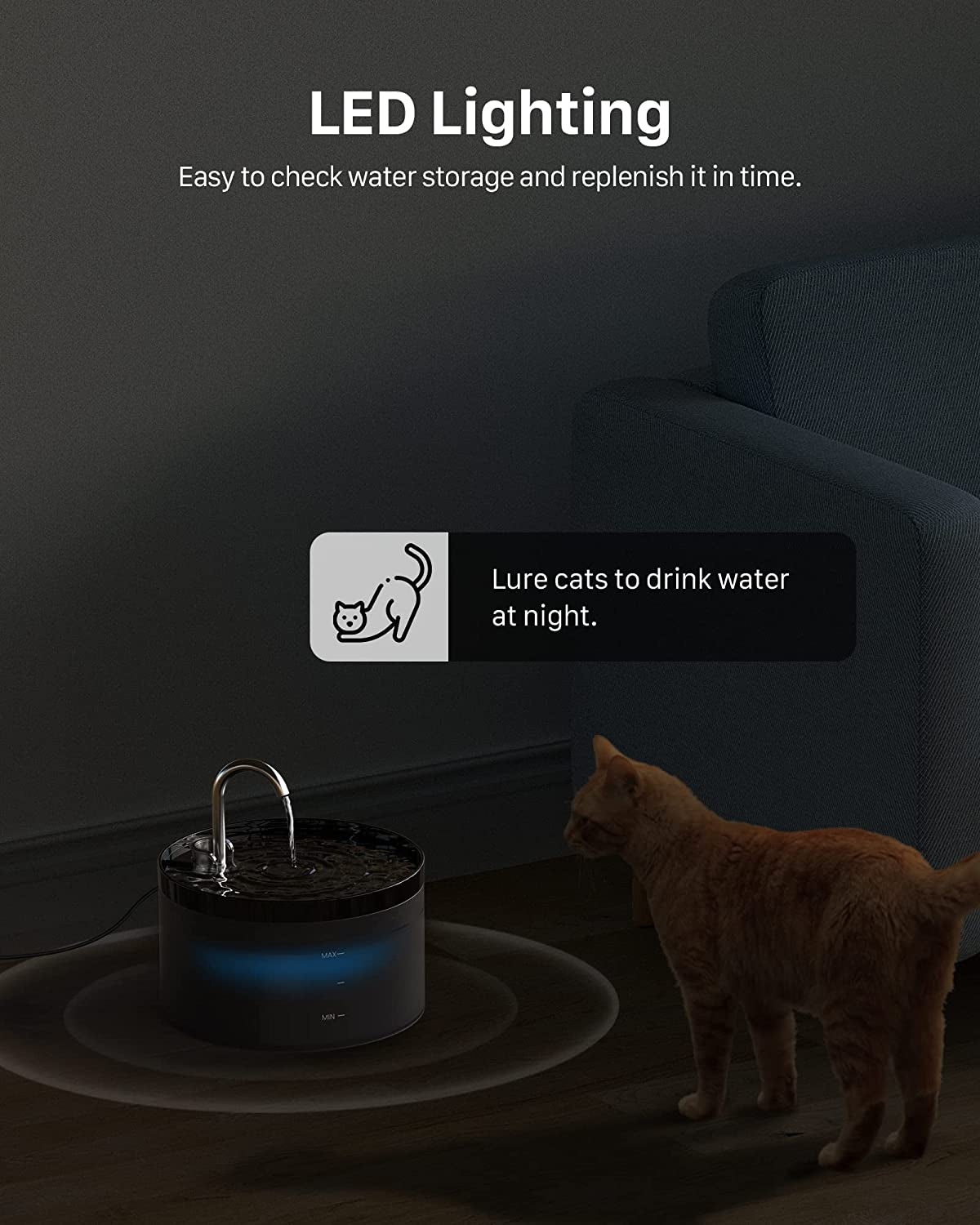 Cat Water Fountain - Pet Silent Water Fountain Built-In Led Light Activated