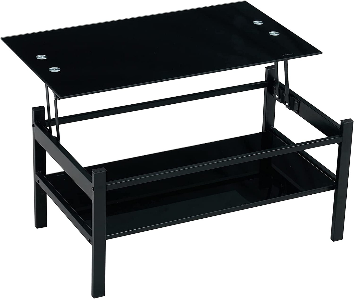 Lift Top Coffee Table - Glass Center Table with Storage Shelf & Metal Frame