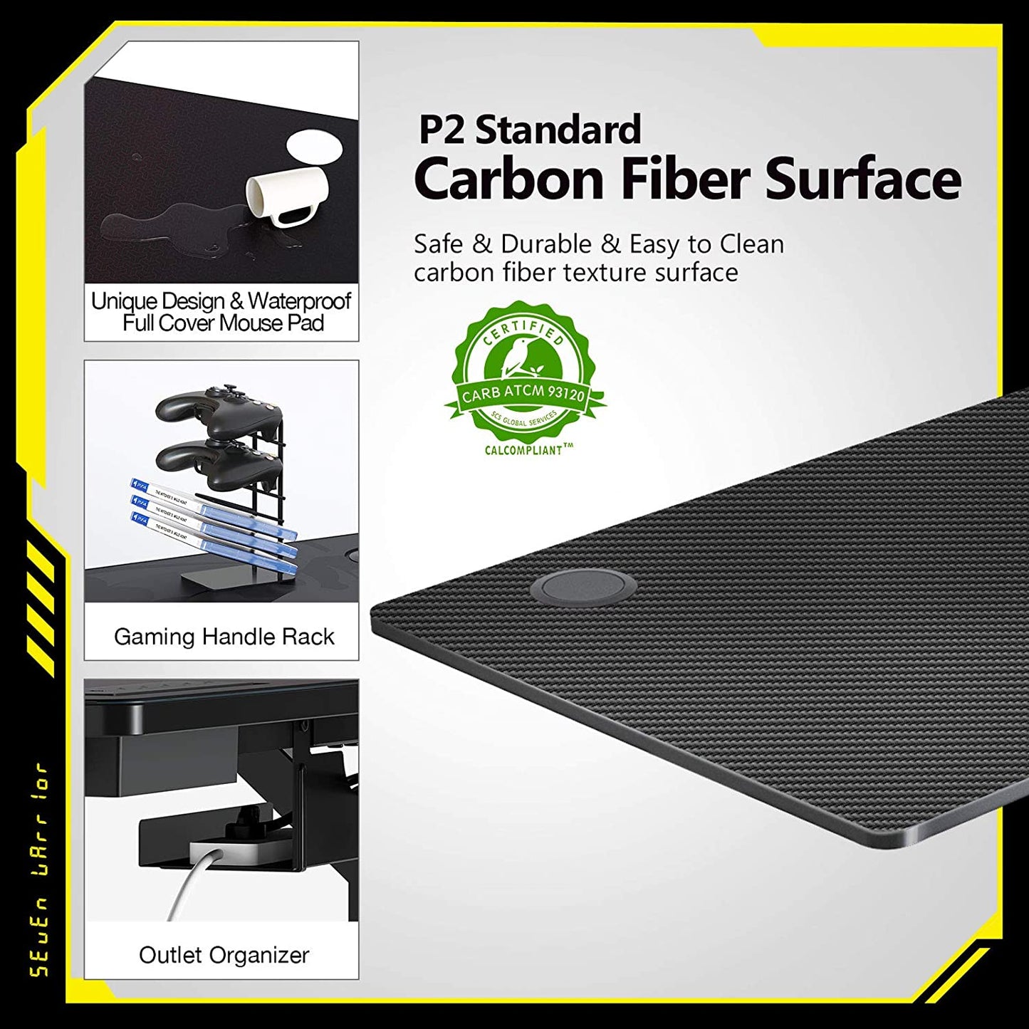 Gaming Desk - 47INCH Gaming Desk with Dual Monitor Mount Carbon Fiber Surface with Outlet Organizer
