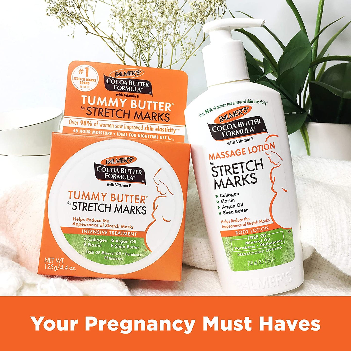 Cocoa Butter - Massage Lotion for Stretch Marks Pregnancy Skin Care - Belly Cream with Collagen Elastin Argan Oil and Shea Butter