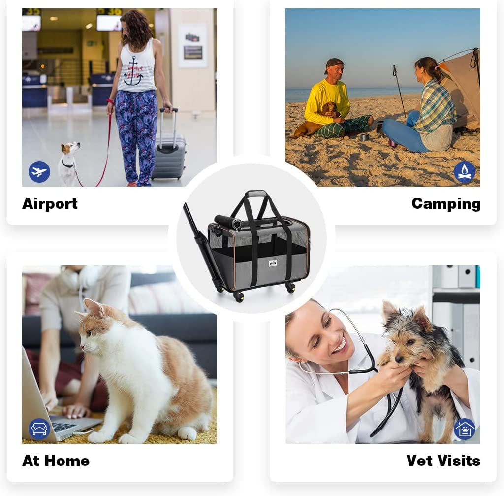 Cat and Dog Carrier with Wheels - Airline Approved Rolling Pet Carrier with Telescopic Handle and Shoulder Strap