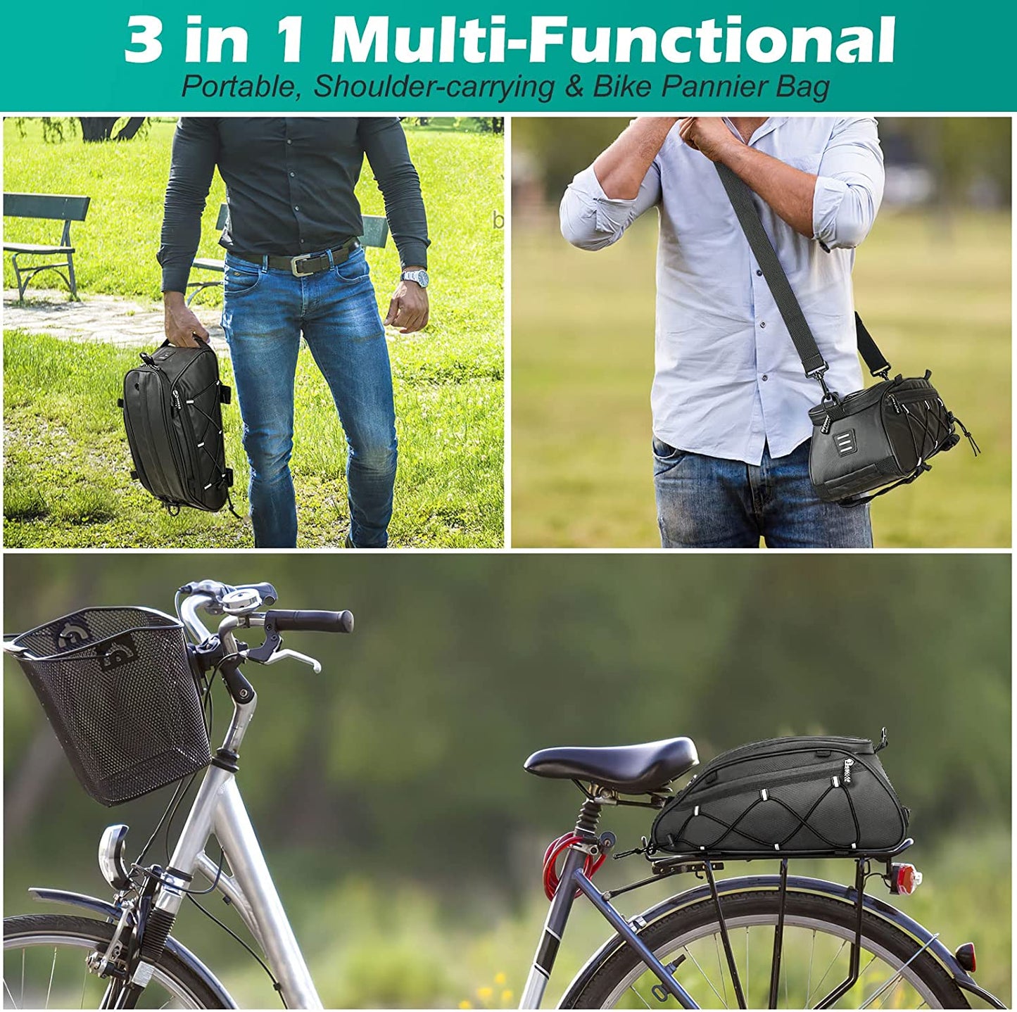 3 in 1 Bicycles Rear Rack Pannier Bag Waterproof Bike Trunk Bags 10L
