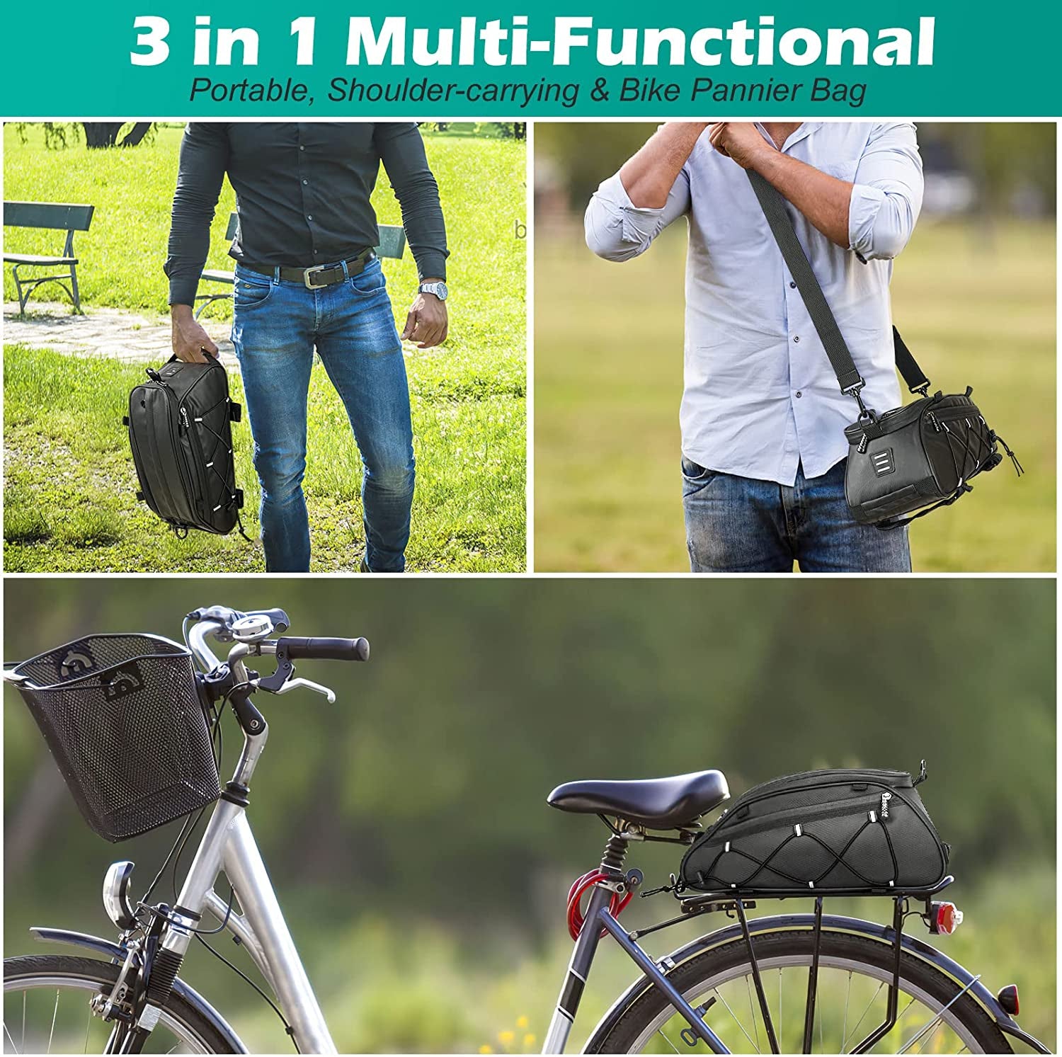 3 in 1 Bicycles Rear Rack Pannier Bag Waterproof Bike Trunk Bags 10L