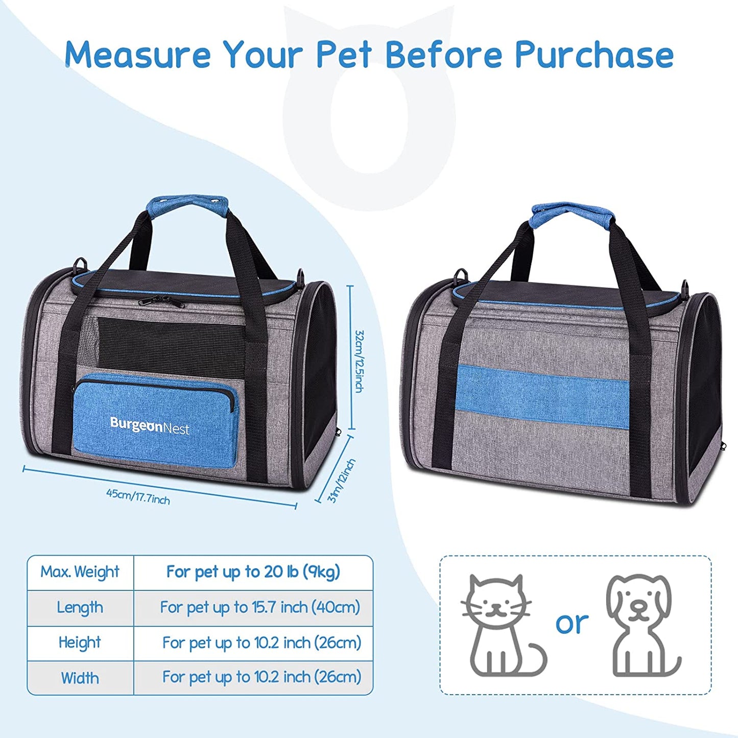 Large Pet Carrier - 20 Lbs Small Dogs Carrier with 4 Ventilated Windows