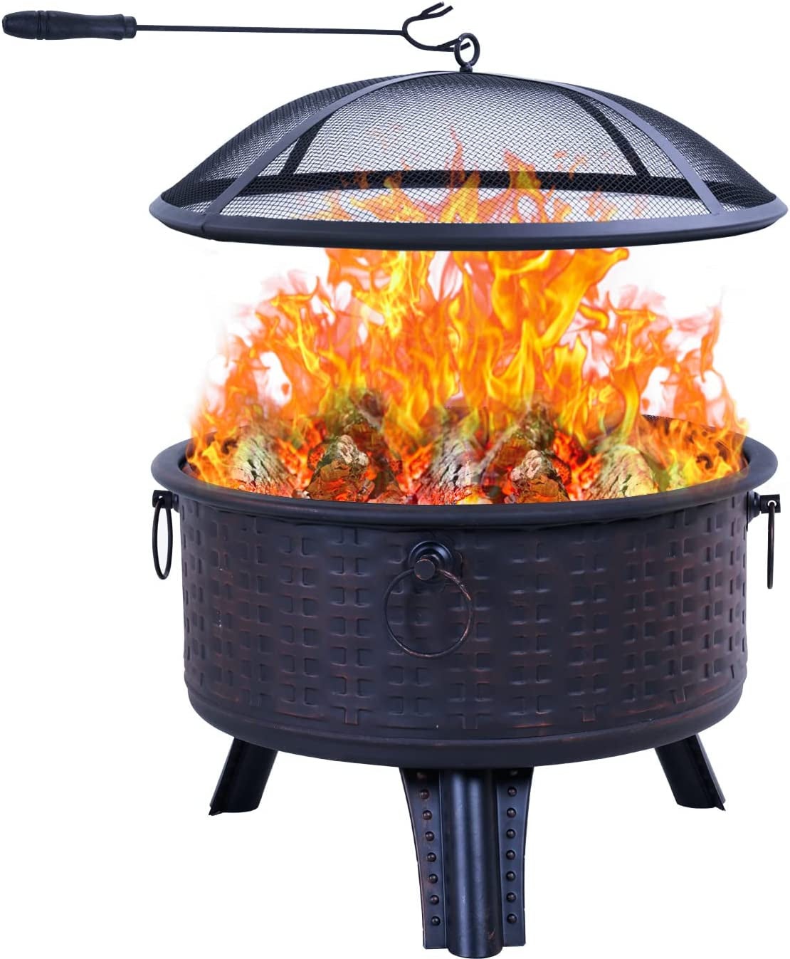 Fire Pits - Outside Round Deep Fire Pit with Spark Screen Cover Safe Mesh Lid and Poker