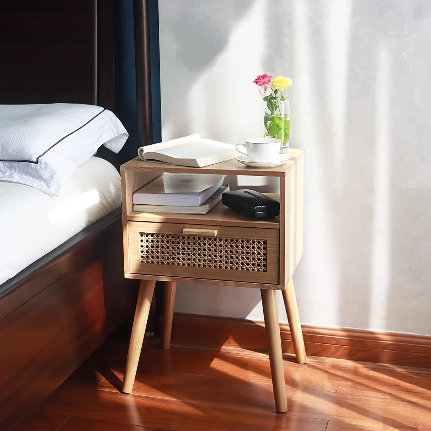 Nightstand - Bedside Table with Storage & Solid Wood Legs