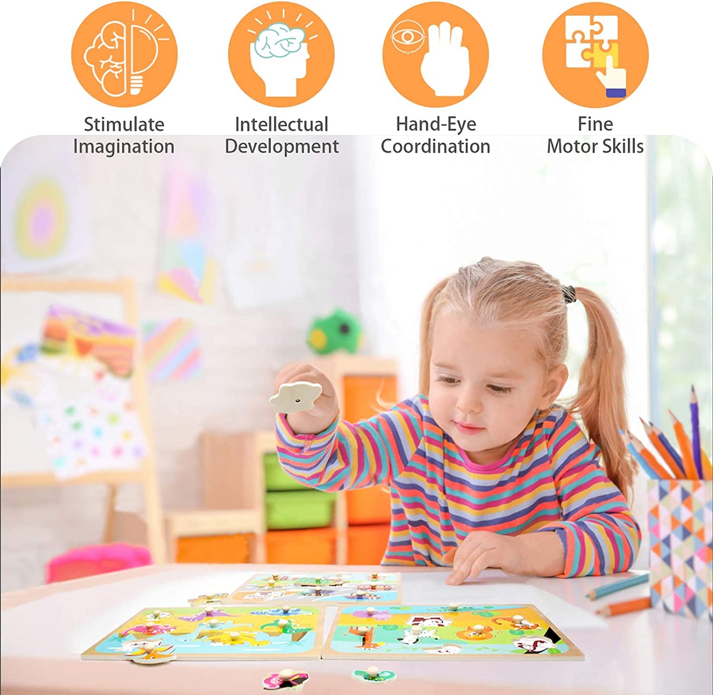 Toddler Puzzles and Rack Set - Educational Wooden Peg Puzzles Bundle with Storage Holder