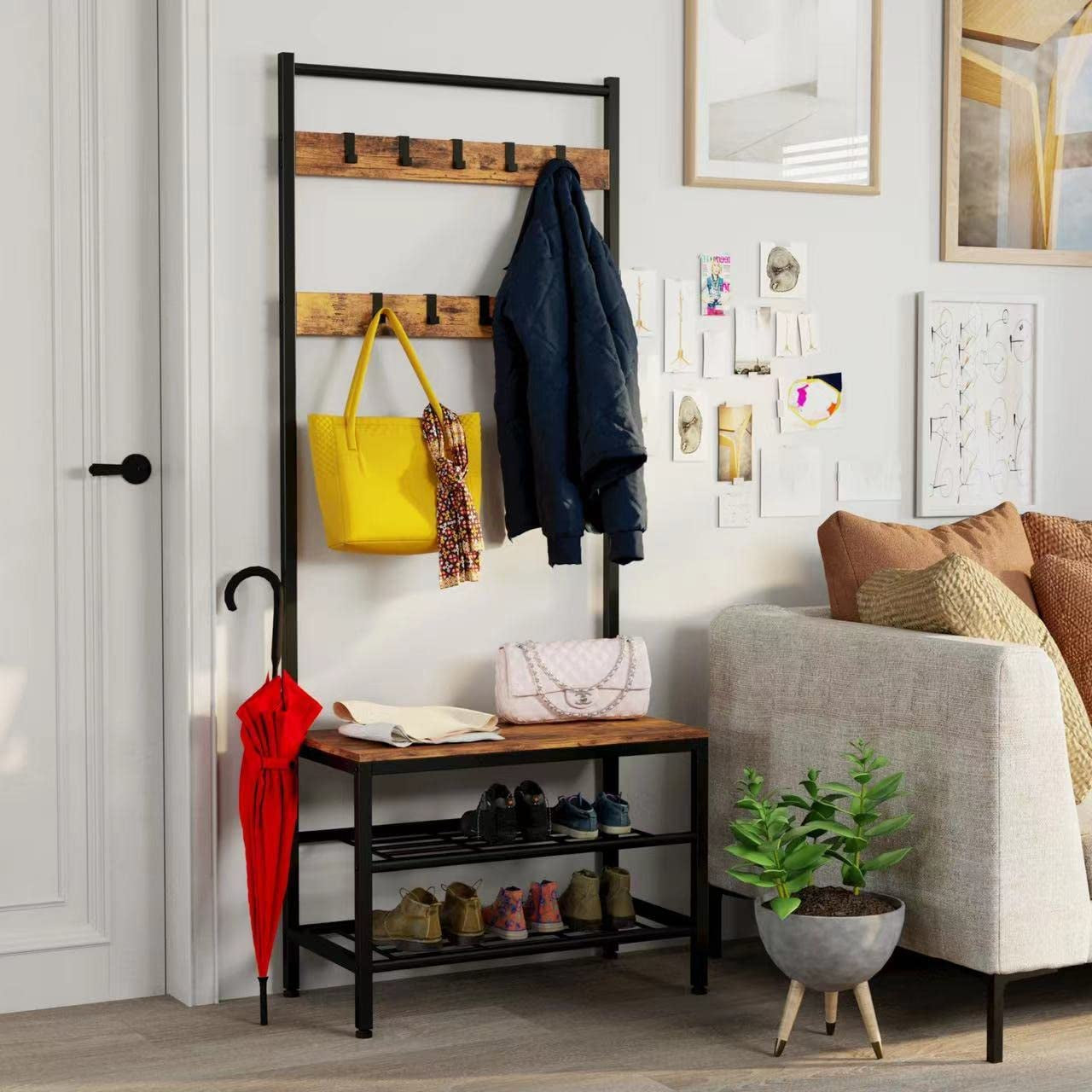 3 In 1 Coat Rack Hall Tree with Shoe Rack Bench for Entryway
