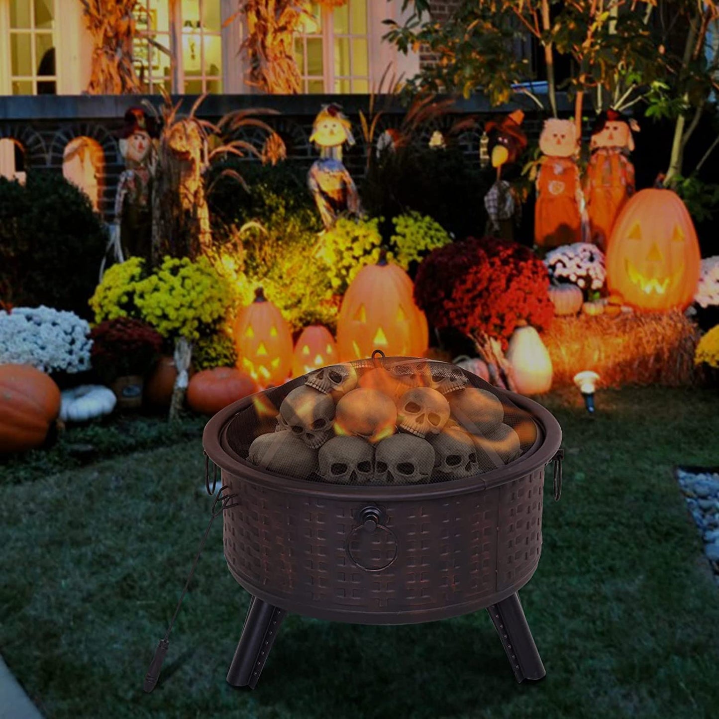 Fire Pits - Outside Round Deep Fire Pit with Spark Screen Cover Safe Mesh Lid and Poker