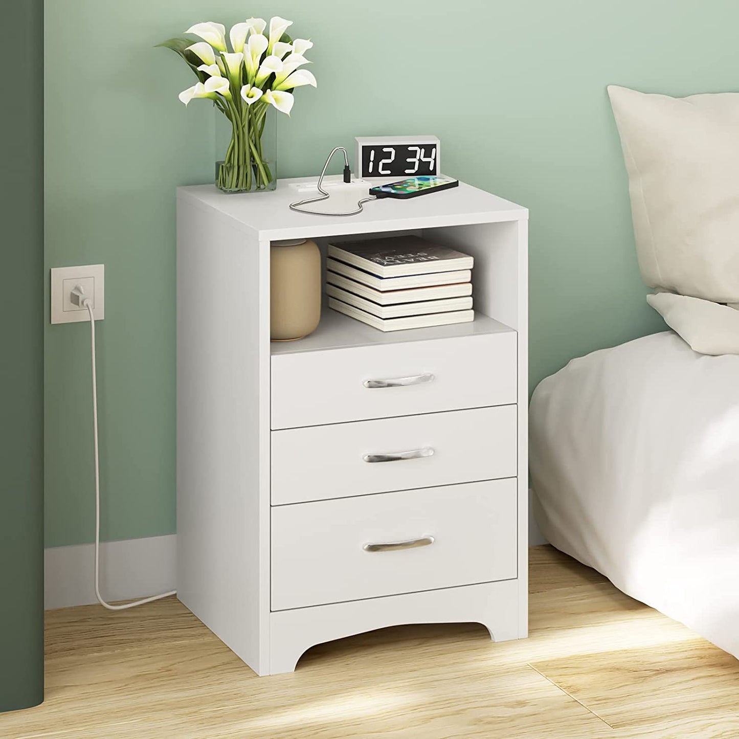 Wooden Cabinet Stand - Nightstand with Wireless Charging Station and LED Lights& USB Ports