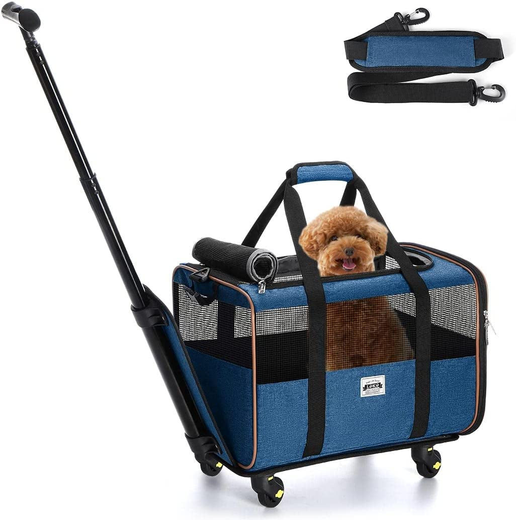 Cat and Dog Carrier with Wheels - Airline Approved Rolling Pet Carrier with Telescopic Handle and Shoulder Strap