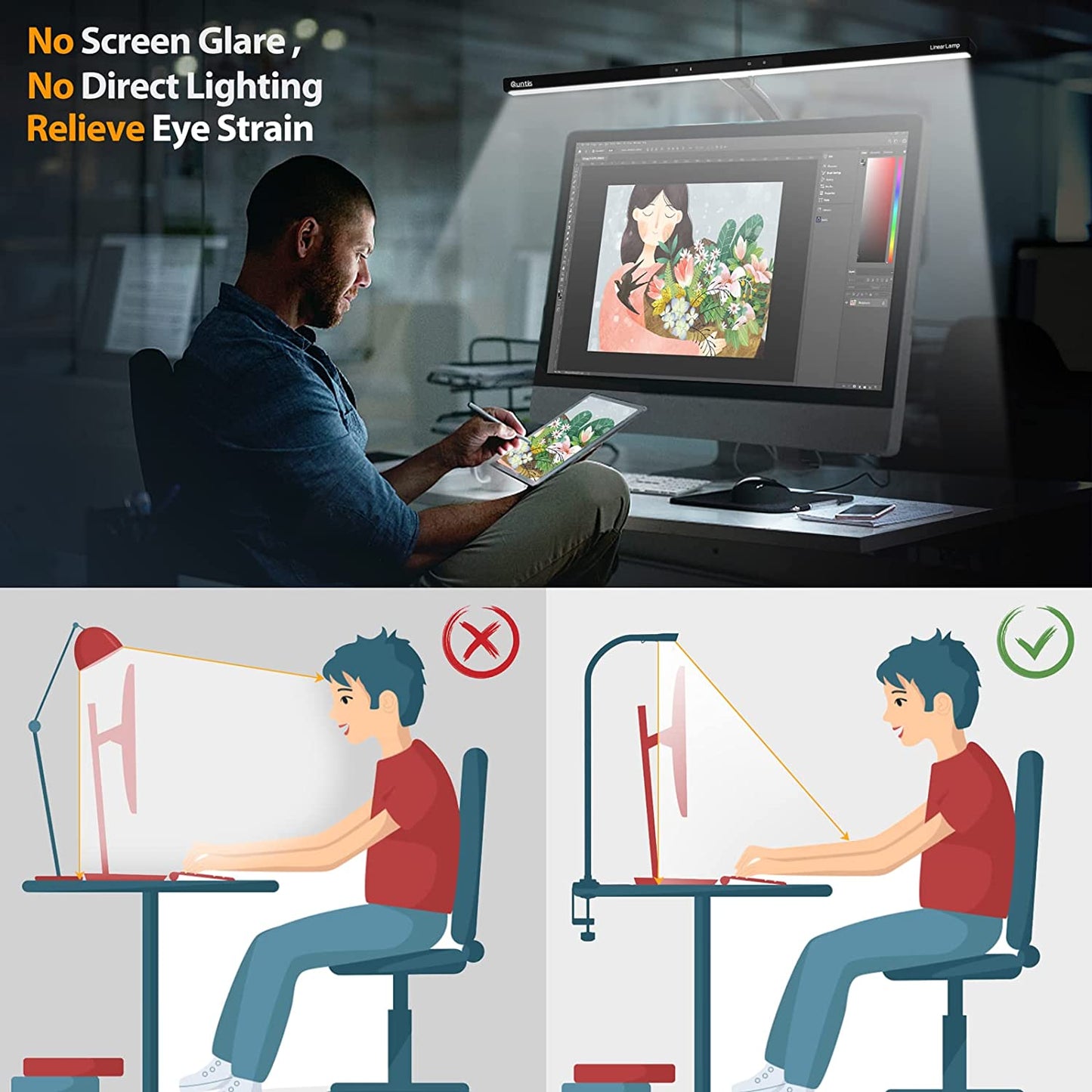 LED Desk Lamp - Auto-Dimming Table Clamp Light