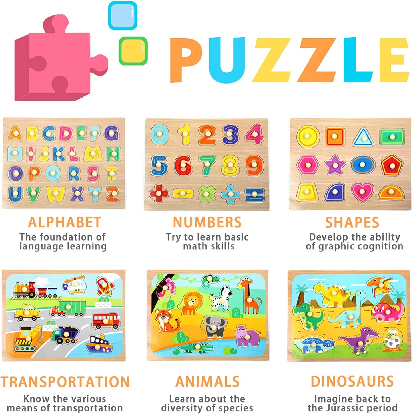 Toddler Puzzles and Rack Set - Educational Wooden Peg Puzzles Bundle with Storage Holder