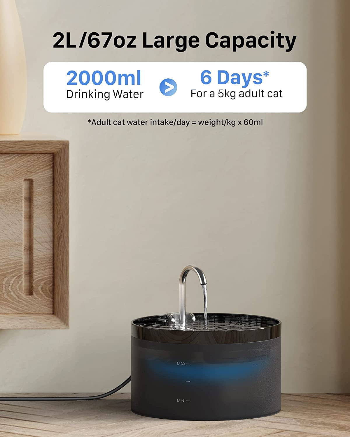 Cat Water Fountain - Pet Silent Water Fountain Built-In Led Light Activated