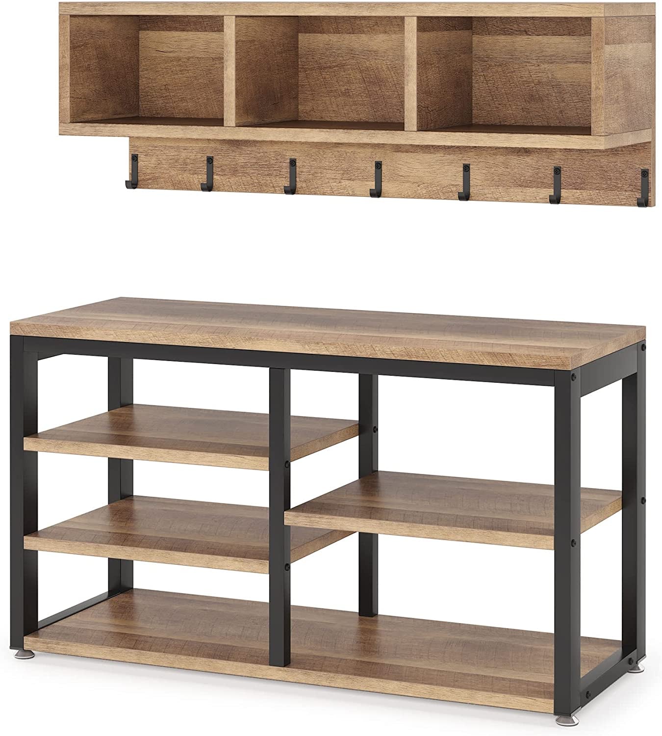 5-In-1 Shoe Rack Bench with Coat Rack and Storage Cubbies