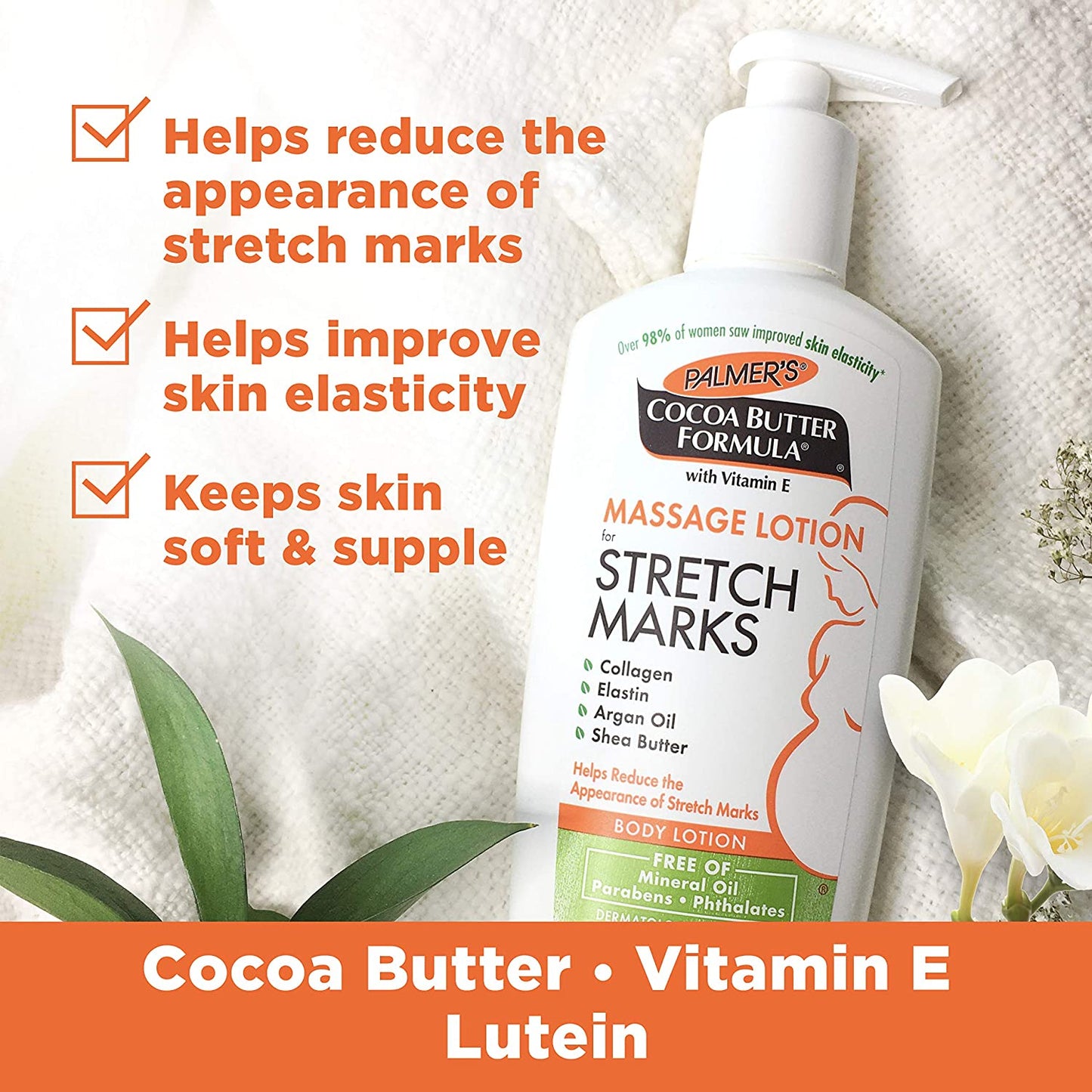 Cocoa Butter - Massage Lotion for Stretch Marks Pregnancy Skin Care - Belly Cream with Collagen Elastin Argan Oil and Shea Butter